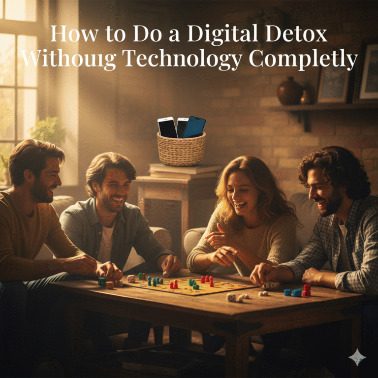 Analog tools juxtaposed with a smartphone, representing How to Do a Digital Detox Without Quitting Technology Completely with balance and boundaries.