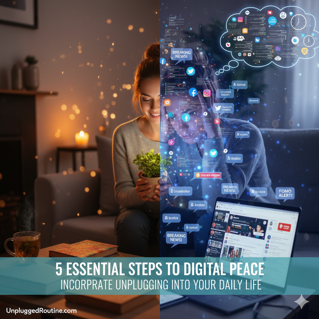 "A stressed woman sits on a couch, overwhelmed by the visual noise of social media thought bubbles, a glowing laptop, and a smartphone, demonstrating the need for practical steps on how to incorporate unplugging into your daily life."