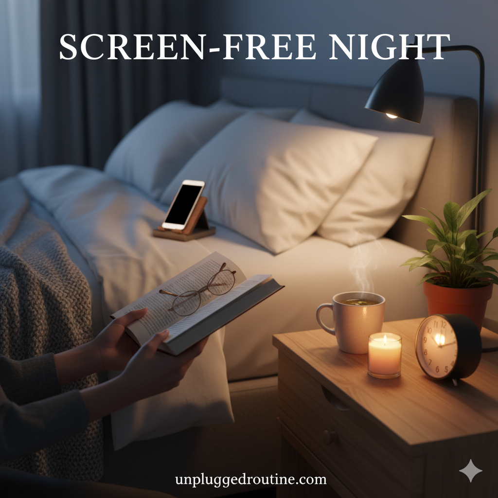 Screen-Free Night: 9 Powerful Rituals to Recharge Your Mind & Crush Monday Blues Cozy screen-free night scene showing a person reading a physical book under warm light next to a steaming mug of tea.