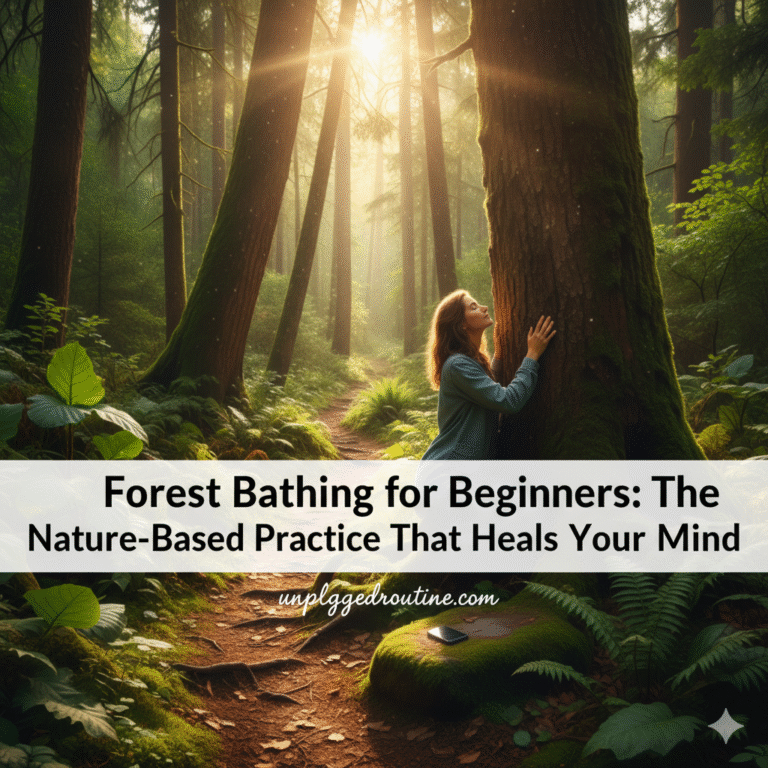 A neat desk setup featuring a laptop with an hourglass and a face-down smartphone, symbolizing setting digital boundaries for practices like Forest Bathing.