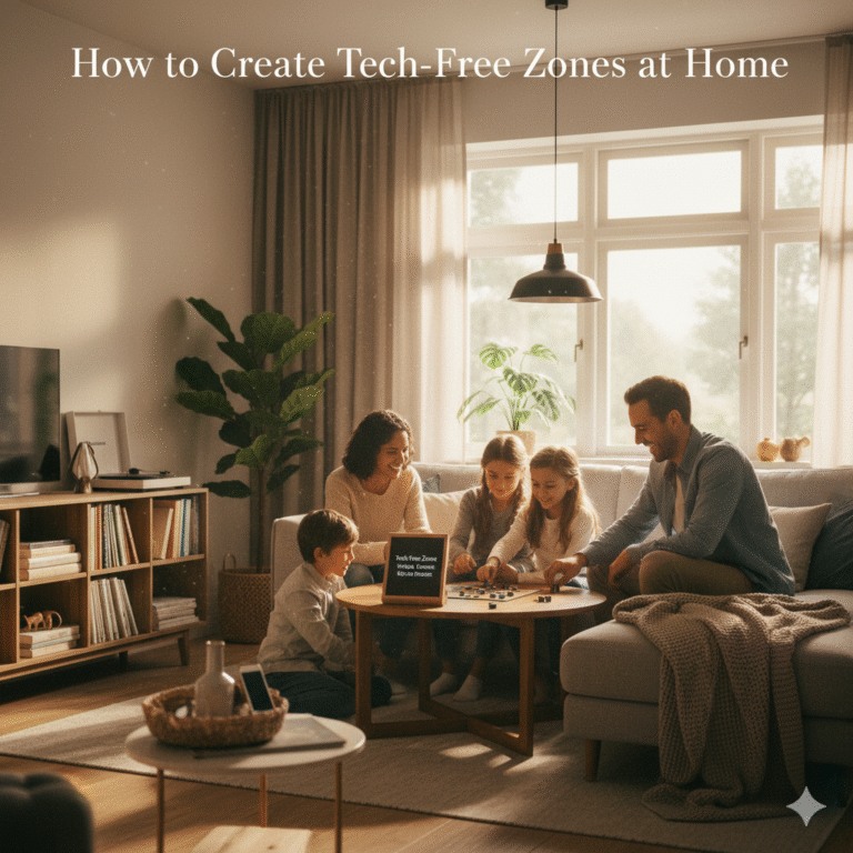 Friends laughing and connecting during a tech-free picnic, emphasizing presence and engaging in analog hobbies like reading and music.