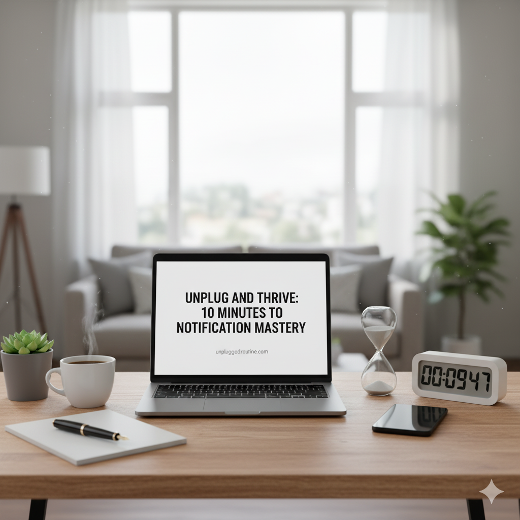 Unplug and Thrive: 10 Minutes to Notification Mastery and Digital Peace Laptop displaying the title "Unplug and Thrive: 10 Minutes to Notification Mastery" next to a digital clock showing 9 minutes and 47 seconds and an hourglass, symbolizing the quick time challenge to achieve digital peace.