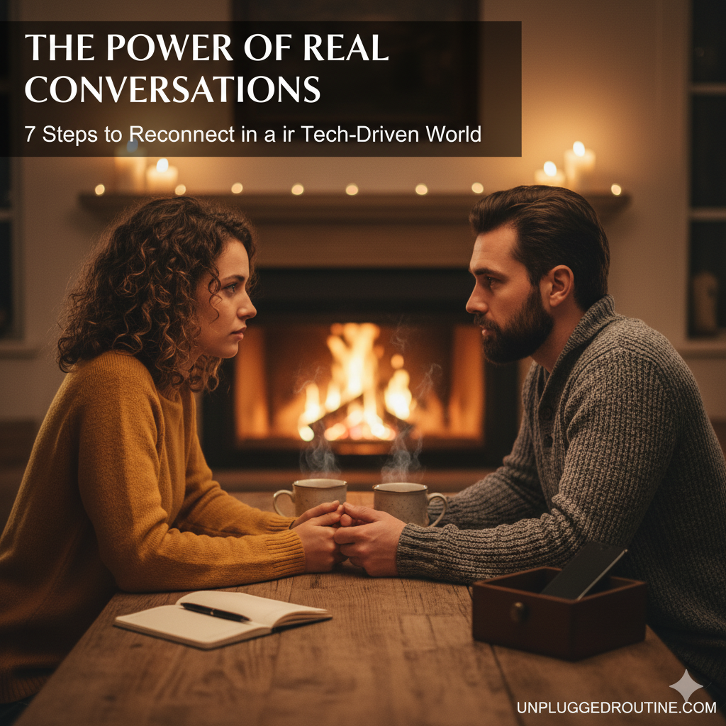The Undeniable Power of Real Conversations: 7 Steps to Reconnect in a Tech-Driven World A smiling couple holding hands while hiking a sunny mountain trail at sunset, carrying a picnic basket. (The Power of Real Conversations)