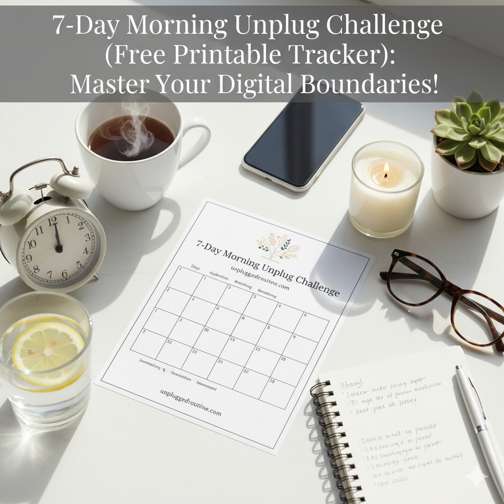 7-Day Morning Unplug Challenge (Free Printable Tracker): Master Your Digital Boundaries! A vibrant image showing a hand holding a piece of paper with the words "7-Day Morning Unplug Challenge" and checkboxes, next to a smartphone with a large "X" over it. The scene includes a cup of coffee and a journal, emphasizing the focus on starting the day with mindful, unplugged habits for seven days.