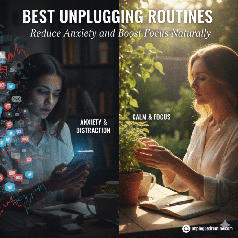 Best Unplugging Routines to Reduce Anxiety and Boost Focus Naturally: A serene image showing a hand placing a smartphone into a woven basket next to books, a journal, and a steaming cup of herbal tea.