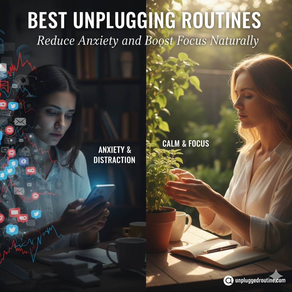 Best Unplugging Routines to Reduce Anxiety and Boost Focus Naturally Best Unplugging Routines to Reduce Anxiety and Boost Focus Naturally: A serene image showing a hand placing a smartphone into a woven basket next to books, a journal, and a steaming cup of herbal tea.