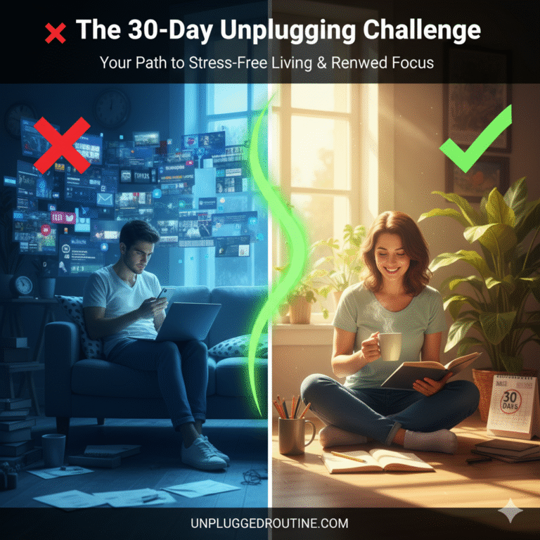 Visual guide for the 30-Day Unplugging Challenge showing the contrast between digital stress (phone, computer) and a calm, screen-free moment (reading, journaling).