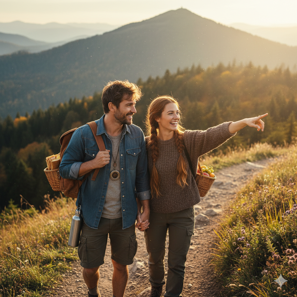 27 Unforgettable Digital Detox Date Ideas: Reconnect & Recharge Your Relationship A happy couple hiking together on a scenic mountain trail at sunset, carrying a picnic basket and water bottle. (Digital detox date idea: hiking).
