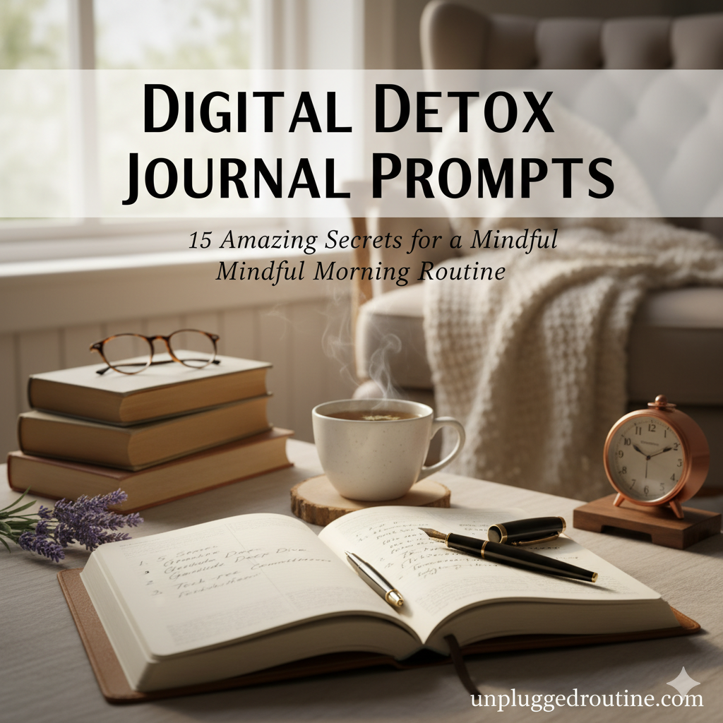 Digital Detox Journal Prompts: 15 Amazing Secrets for a Mindful Morning Routine Digital Detox Journal Prompts: 15 Amazing Secrets for a Mindful Morning Routine. Image shows an open leather journal with a fountain pen, a steaming mug of tea, and a simple analog alarm clock on a cozy wooden table, next to a stack of books and reading glasses.