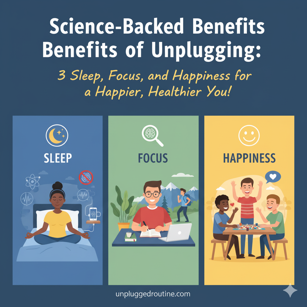 Science-Backed Benefits of Unplugging: 3 Core Pillars for a Happier, Healthier You! Graphic showing the science-backed benefits of unplugging for a happier, healthier you, focusing on the core pillars of sleep, focus, and happiness through screen-free activities.