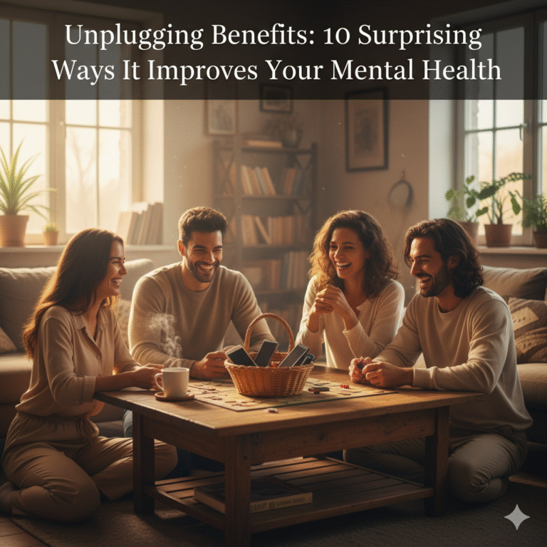 Workspace setup encouraging focus and creativity for mental health Unplugging Benefits, with the phone placed on a notebook near colored pencils.