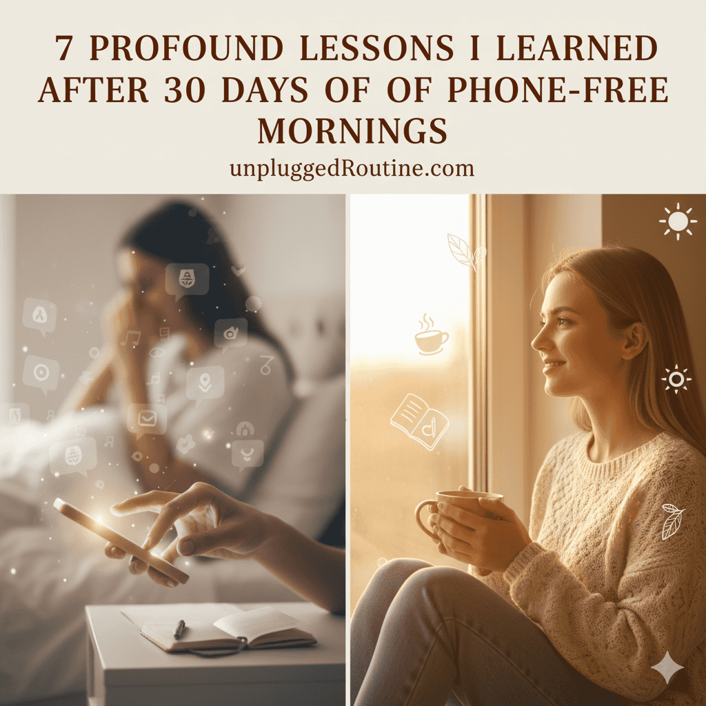 7 Profound Lessons I Learned After 30 Days of Phone-Free Mornings Collage illustrating the lessons learned after 30 days of phone-free mornings, featuring someone drinking water, a person doing yoga stretching, a person mindfully preparing coffee and breakfast, and a person meditating with a journal for a peaceful, unplugged start.