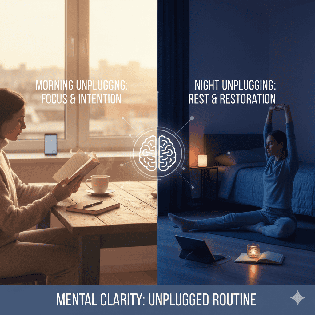 Morning vs. Night Unplugging: Which Is Better for Mental Clarity? Split image showing Morning vs. Night Unplugging for Mental Clarity. Left: person reading in the morning (focus). Right: person stretching at night (rest).