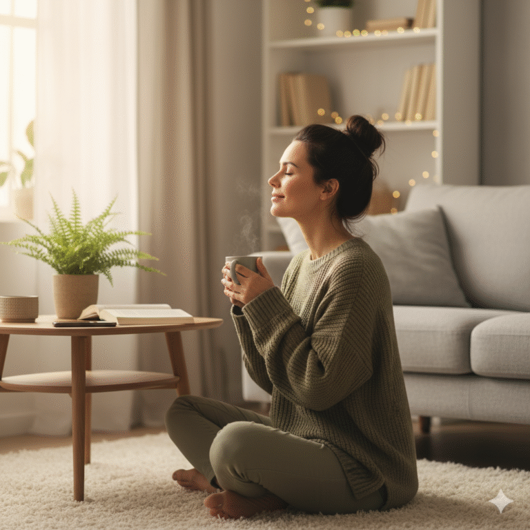 Experiencing the Mental Health Benefits of unplugging: a serene woman finds calm and relaxation while enjoying a warm beverage in a tranquil, device-free home environment.