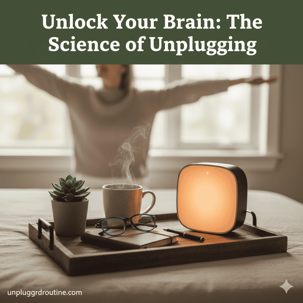 Unlock Your Brain: The Science of Unplugging: Why Screen-Free Mornings Improve Focus and Mood Peaceful morning routine demonstrating The Science of Unplugging: Woman stretching and meditating on the floor instead of checking her phone.
