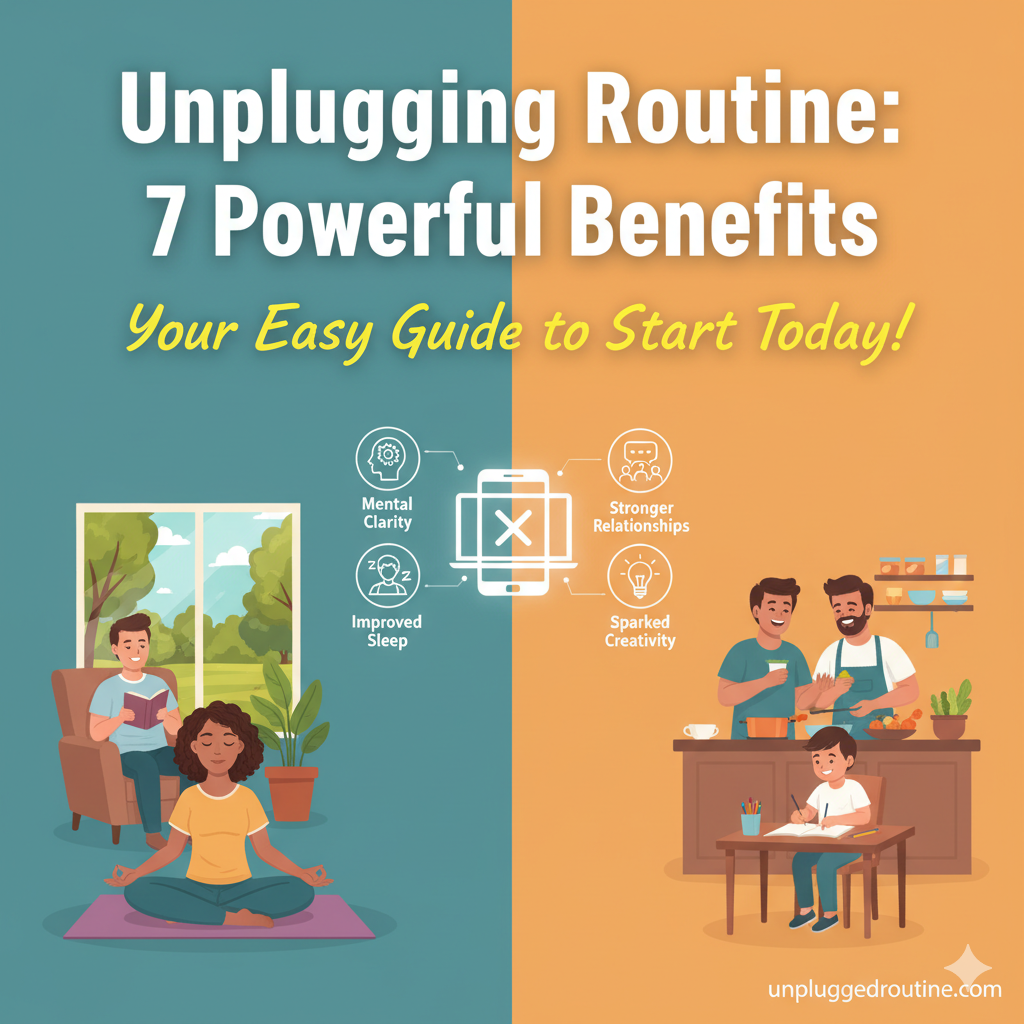 Unplugging Routine: 7 Powerful Benefits & Your Easy Guide to Start Today! Infographic illustrating the Unplugging Routine: 7 Powerful Benefits including mental clarity, improved sleep, and stronger relationships, with diverse people engaging in screen-free activities like reading, meditating, and cooking.