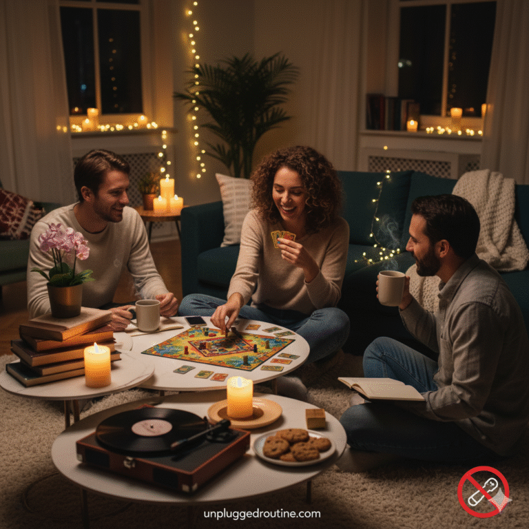 Graphic illustrating the benefits of a screen-free weekend for burnout recovery, with images of people practicing yoga, enjoying a book, and bonding while cooking, symbolizing genuine rest and recharge without social media.