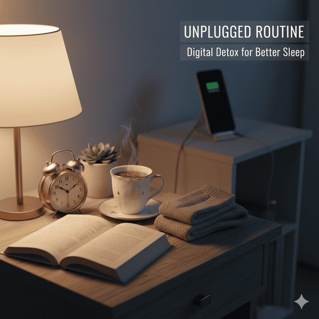 Digital Detox for Sleep: 7 Surprising Ways Unplugging Can Transform Your Nights A softly lit, cozy nighttime scene. The focus is on a wooden bedside table with an open book, a small gold analog alarm clock showing 9:10, and a steaming cup of tea. A lamp with a warm light illuminates the items. In the blurred background, on another nightstand, a smartphone is visible and charging on a stand. White text overlaid reads "UNPLUGGED ROUTINE Digital Detox for Better Sleep".