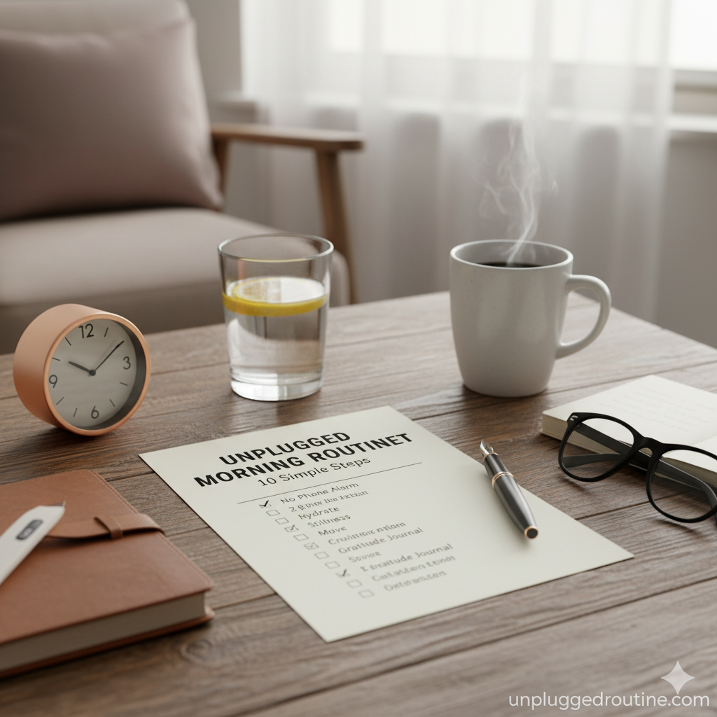 Unplugged Morning Routine Checklist: 10 Simple Steps to Start Your Day Intentionally Unplugged Morning Routine Checklist: 10 Simple Steps to Start Your Day Intentionally. Image shows a cozy, sunlit bedroom with an open checklist (or notebook), a steaming cup of coffee, a physical alarm clock, and a light stretch being performed in the background.
