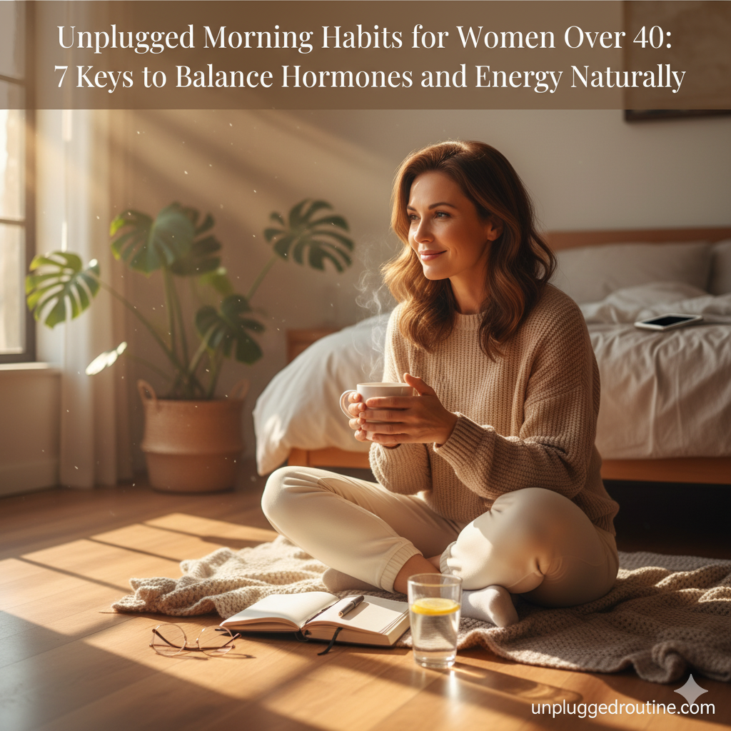 Unplugged Morning Habits for Women Over 40: 7 Keys to Balance Hormones and Energy Naturally A woman over 40 meditating in a sunlit bedroom with a peaceful expression. She is seated cross-legged on the floor near a window, with a physical journal, a cup of tea, and a candle in the foreground. A smartphone is visible on a bedside table, placed face down, symbolizing unplugged morning habits for natural hormone and energy balance.