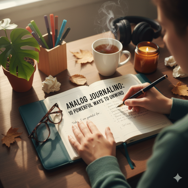 A person's hands are shown writing with a black fountain pen in an open analog journal on a warm wooden desk. The journal page displays the title "ANALOG JOURNALING: 10 POWERFUL WAYS TO UNWIND" and the start of a gratitude list. The cozy setting includes a steaming cup of tea, a lit candle, reading glasses, and markers, emphasizing a peaceful stress-relief routine away from screens.