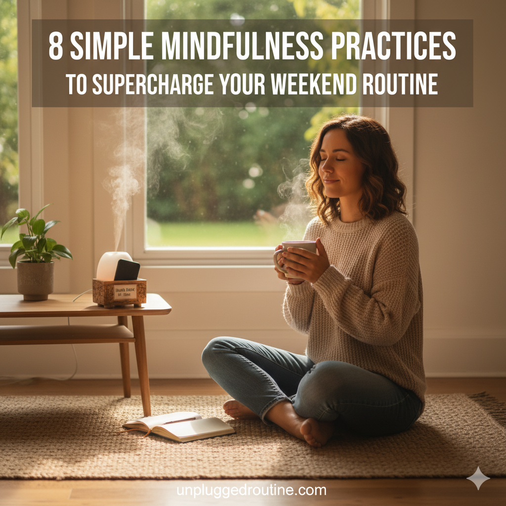 8 Simple Mindfulness Practices to Supercharge Your Weekend Routine Simple mindfulness practices for a weekend routine: A person sits by a sunny window with a journal, coffee, and an essential oil diffuser.