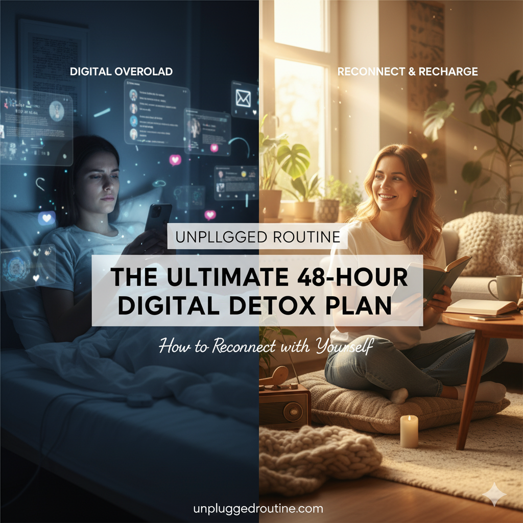 The Ultimate 48-Hour Digital Detox Plan: How to Reconnect with Yourself Collage illustrating The Ultimate 48-Hour Digital Detox Plan by showing screen-free weekend activities: a woman reflecting in a mirror, a person journaling and setting intentions, light morning stretches or yoga, and a happy couple enjoying a mindful breakfast together.