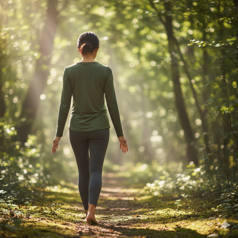 A rear-view shot of a person walking slowly down a sun-dappled, winding dirt path in a lush forest. The image evokes a sense of Mindful Walking, peace, and reconnecting with nature as part of an unplugged routine.