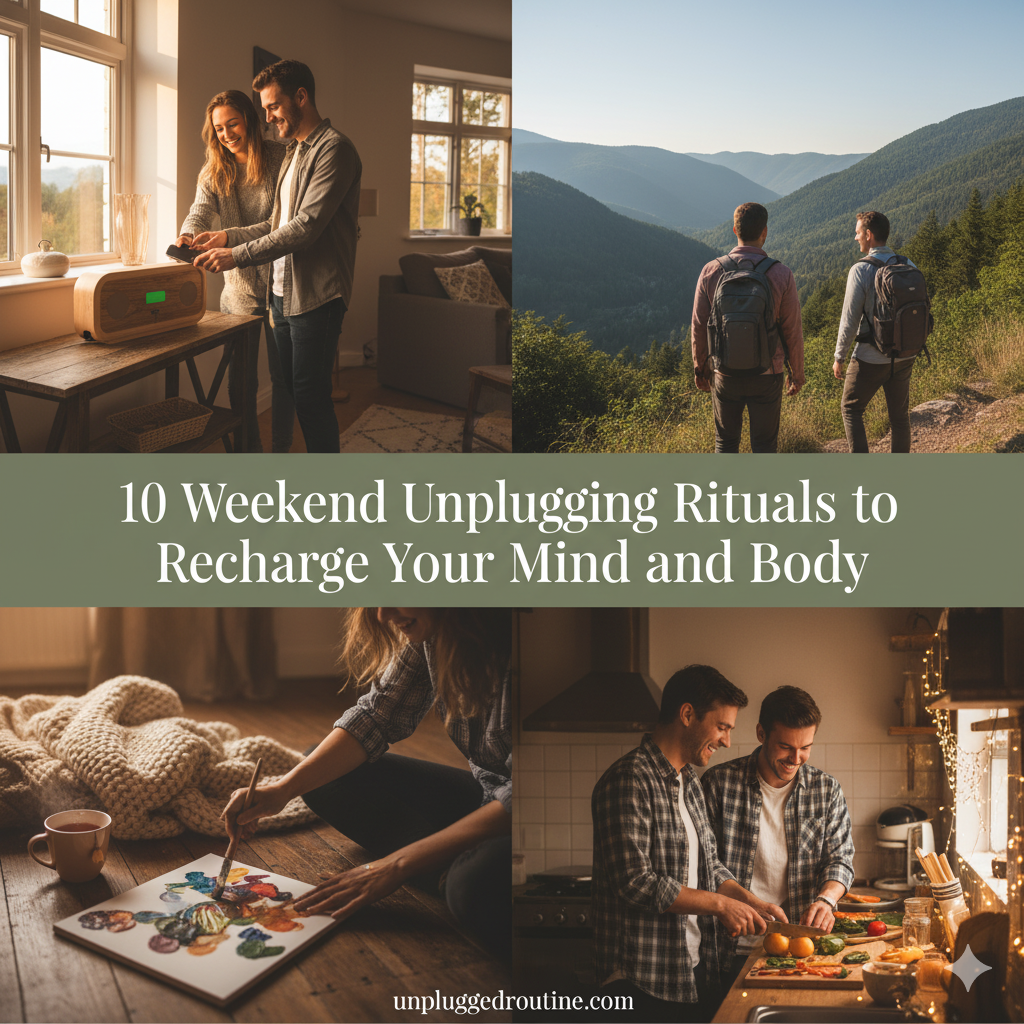 10 Weekend Unplugging Rituals to Recharge Your Mind and Body Collage showcasing 10 Weekend Unplugging Rituals to Recharge Your Mind and Body, featuring a couple enjoying music from a retro radio, friends hiking in mountains, a person painting on the floor, and two men cooking together in a kitchen.