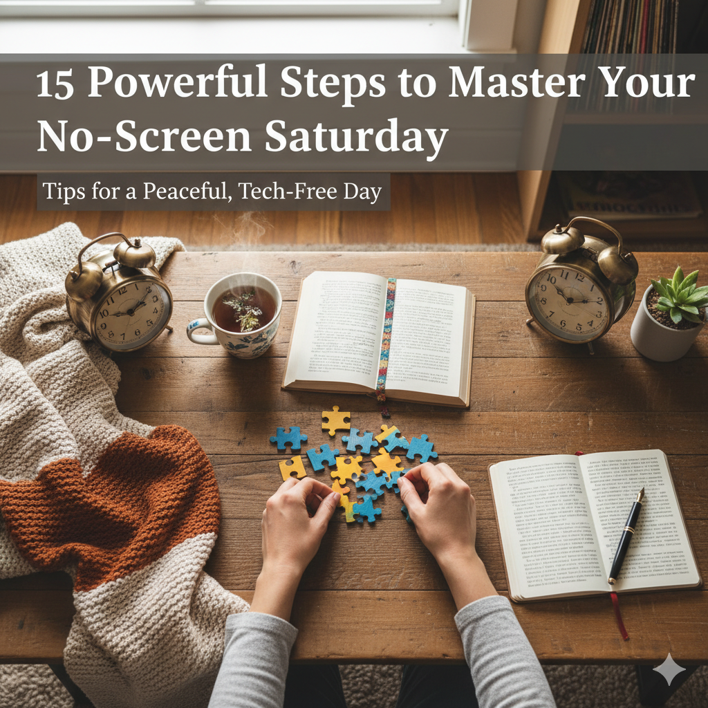 15 Powerful Steps to Master Your No-Screen Saturday: Tips for a Peaceful, Tech-Free Day Overhead shot of a peaceful wooden table with hands completing a jigsaw puzzle, surrounded by books, two analog alarm clocks, and a cup of tea, representing a No-Screen Saturday.