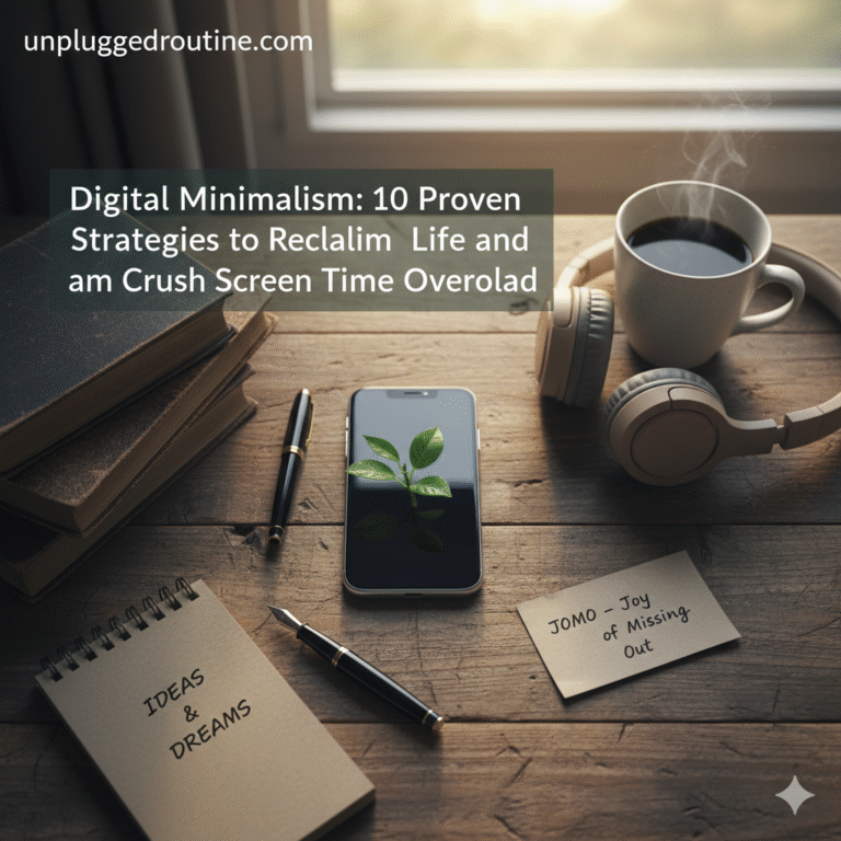 Digital Minimalism workspace with a smartphone, stack of books, notebook, and coffee mug, symbolizing less screen time and more focus.