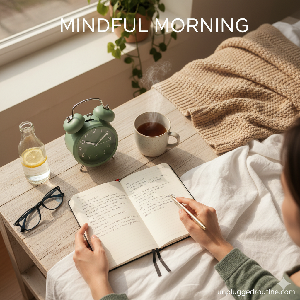 Mindful Morning: 9 Game-Changing Secrets to an Unplugged Routine That Transforms Your Day Unplugged mindful morning scene with an analog clock, lemon water, and a person writing in a notebook, avoiding the phone.