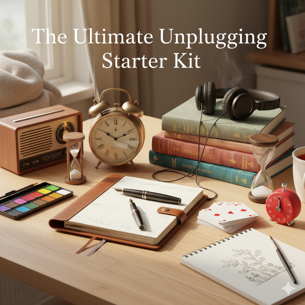 The Ultimate Unplugging Starter Kit: 7 Essential Items for a Peaceful Digital Detox Everything you need for a peaceful digital detox: the Ultimate Unplugging Starter Kit laid out to inspire an intentional, screen-free routine.