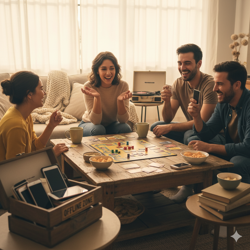 Your Ultimate Tech-Free Weekend: 10 Fun Ways to Reconnect with Family & Friends A family and friends spending a tech-free weekend together. The collage features a main image of a woman reading a book by the window, and smaller images showing two people cooking together and a woman doing yoga outside under a tree. The overall scene is cozy, active, and focused on unplugged connection and shared activities.