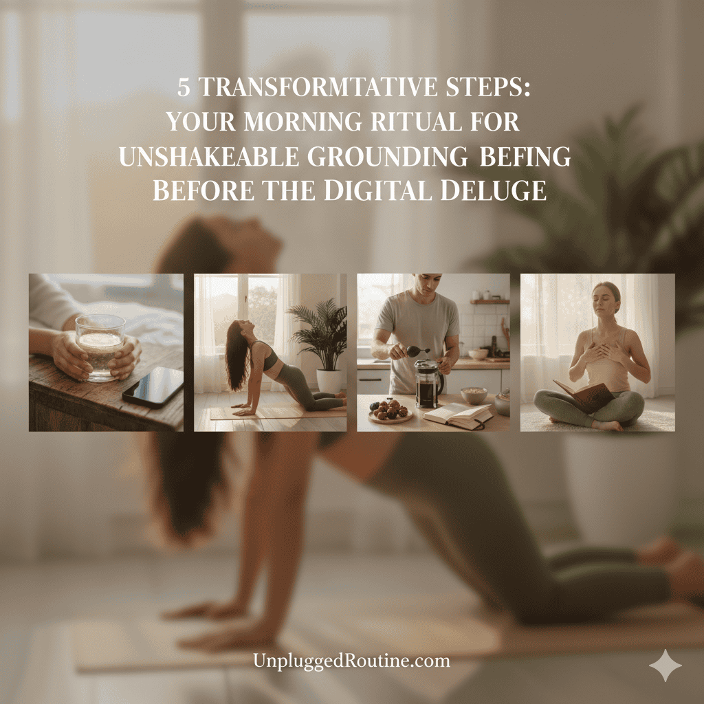 5 Transformative Steps: Your Morning Ritual for Unshakeable Grounding Before the Digital Deluge 5-step morning ritual collage showing hydration with lemon water, a woman performing yoga stretches for mindful movement, a man mindfully preparing a breakfast and coffee, and a woman meditating with a journal for unshakeable grounding before checking messages.