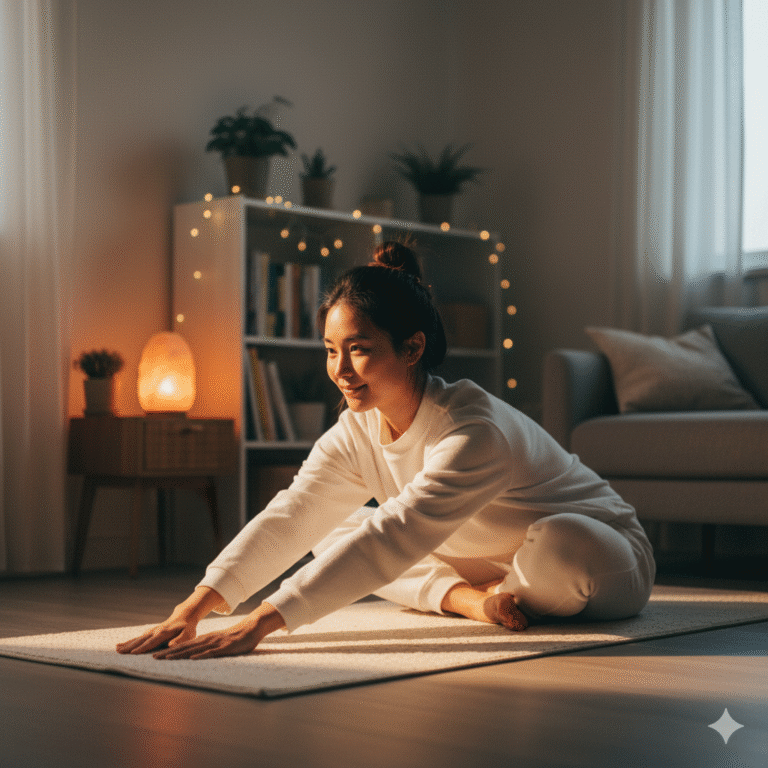 Woman performing a relaxing stretch during a mindful unplugging routine in a bedroom with soft, evening lighting and a salt lamp.