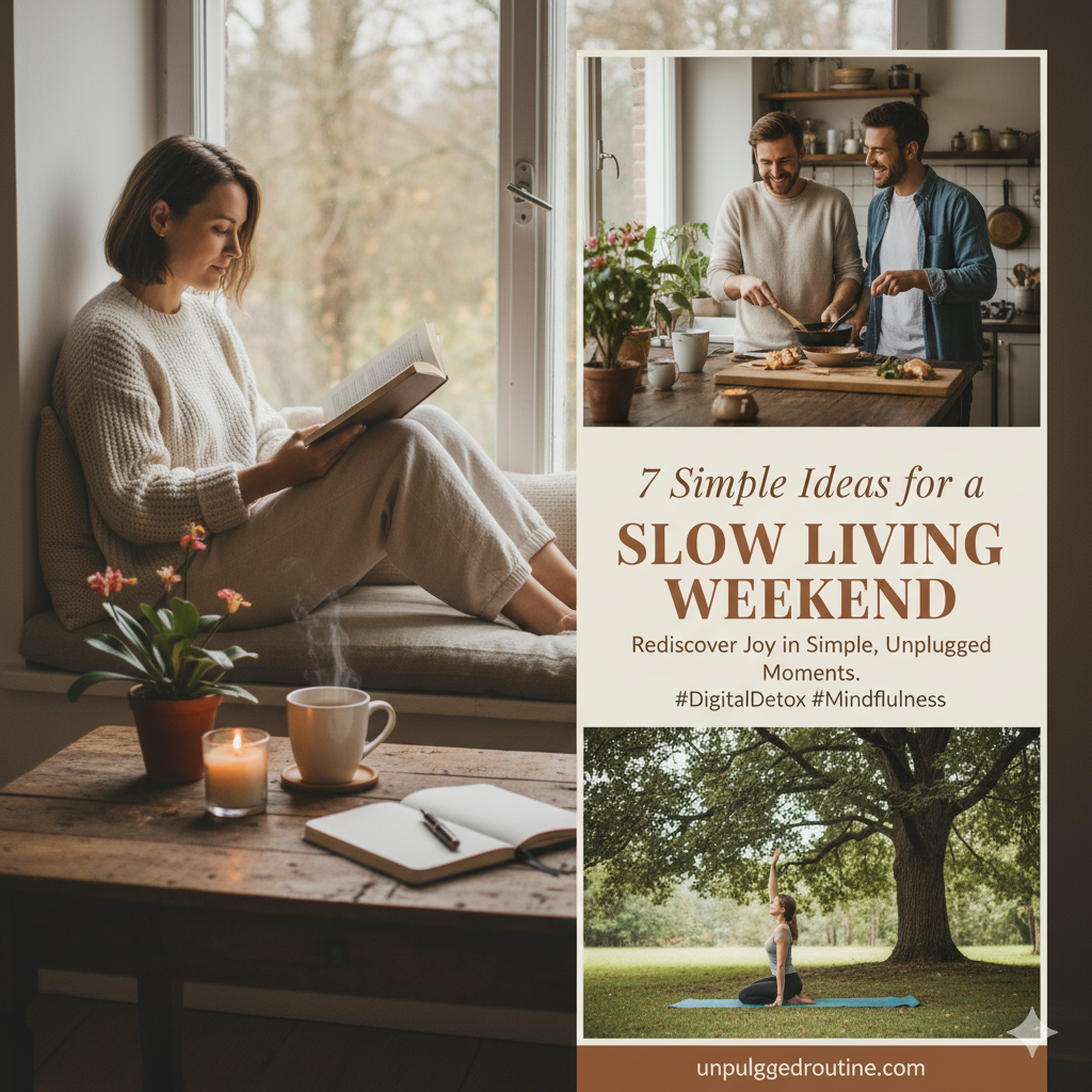 Slow Living Weekend: 7 Simple Ideas to Rediscover Joy in Everyday Moments A collage of three images illustrating a slow living weekend. The main image shows a woman in cozy attire reading a book by a window with a candle and coffee on a table. Top right shows two men happily cooking in a kitchen. Bottom right shows a woman doing yoga under a large tree in a park. The collage promotes "7 Simple Ideas for a Slow Living Weekend."