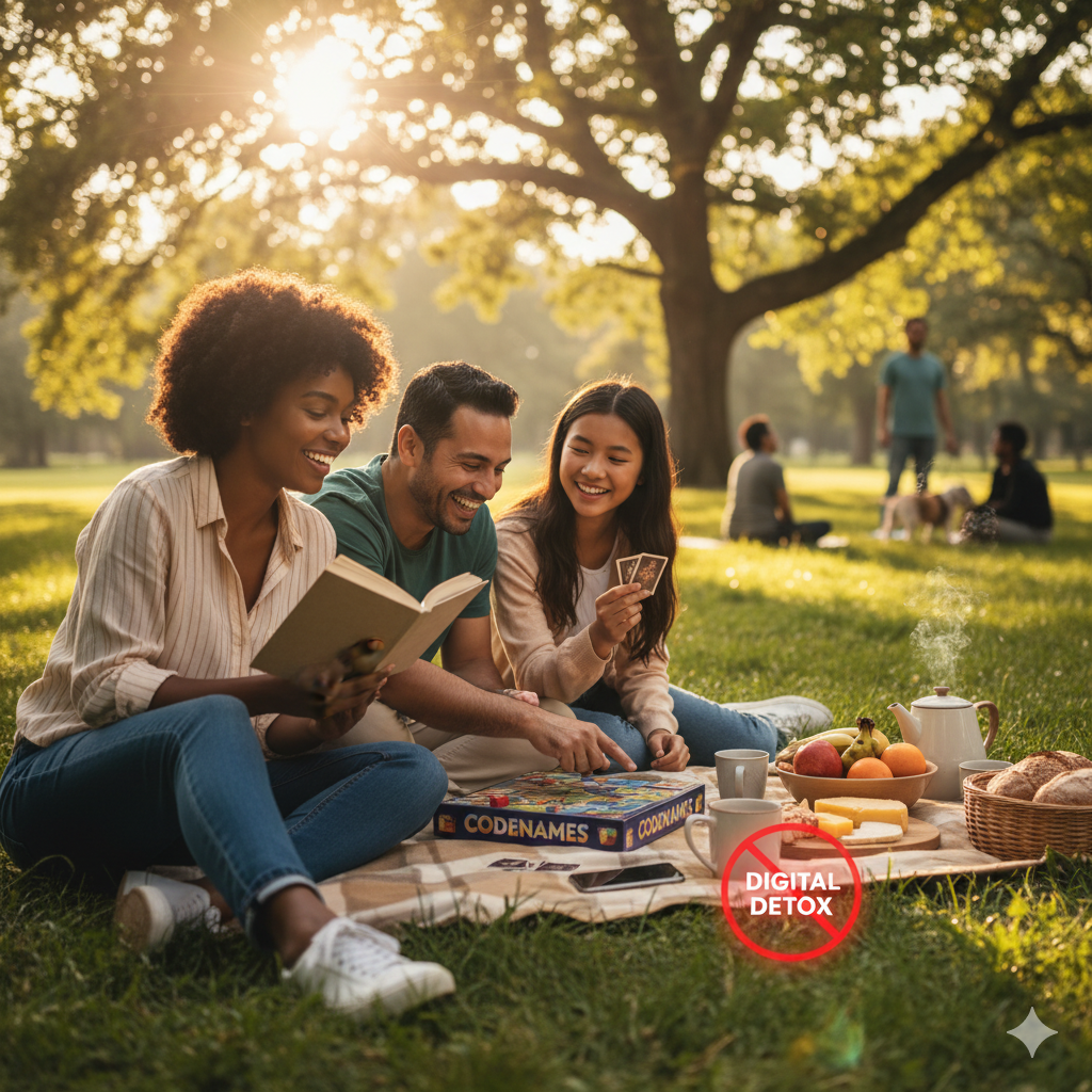 Why Your Brain Needs a Digital Break Every Weekend: 5 Powerful Reasons to Unplug! Graphic outlining the 7 powerful benefits of an unplugging routine for mental health and stronger relationships.