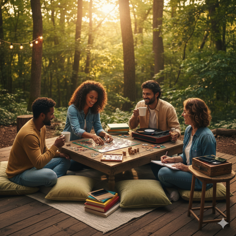 A young woman sits comfortably in a hammock strung between two wooden posts on a cozy outdoor patio at dusk. She is smiling peacefully, looking up at the night sky and fairy lights strung overhead, while holding a physical book. A crackling fire pit and a side table with a mug and a glass lantern are visible nearby, highlighting a peaceful, screen-free weekend digital detox routine.