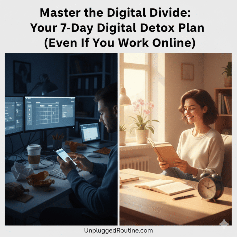 Cozy, intentional setting for a digital detox featuring a rattan chair, book, and steaming mug. A neon phone with an 'X' emphasizes the topic: "How to Do a 7-Day Digital Detox (Even If You Work Online)."