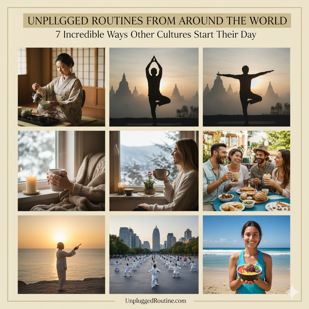 Unplugged Routines from Around the World: 7 Incredible Ways Other Cultures Start Their Day Collage illustrating how different cultures start their day, featuring images of traditional Japanese tea ceremony, a person practicing yoga (Indian tradition), a person enjoying a mindful breakfast outdoors (Mediterranean/Brazilian vibe), and someone meditating in a serene setting.