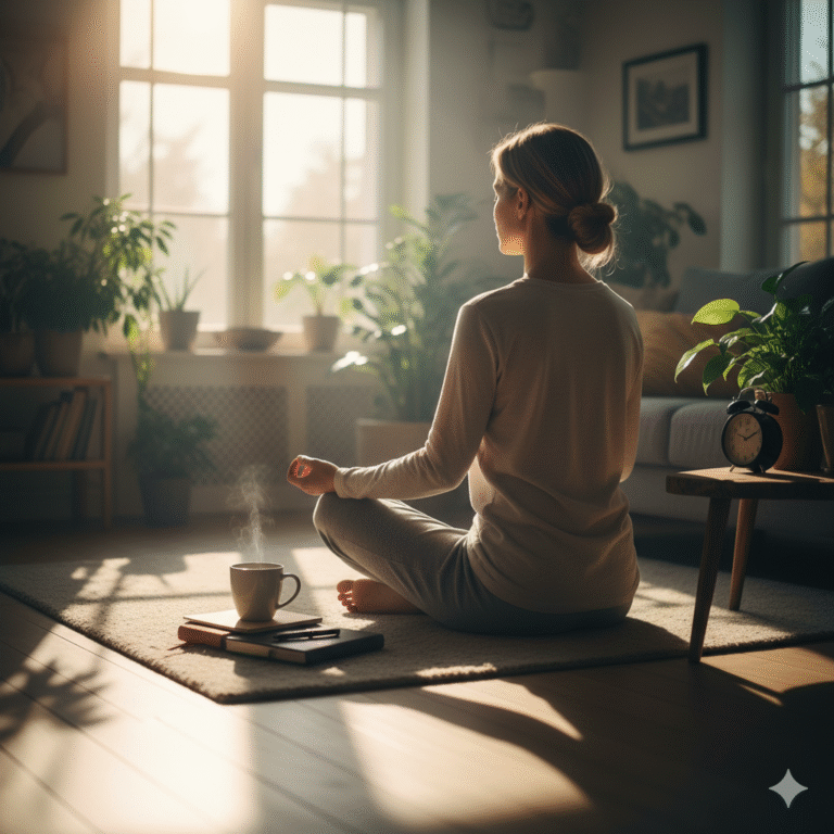 A cozy, well-lit image of a classic analog alarm clock sitting on a bedside table next to a glass of water and an open notebook with a pen. Sunlight streams through a window in the background. The scene suggests a peaceful, tech-free morning routine focused on hydration, mindfulness, and boosting productivity without digital distractions.