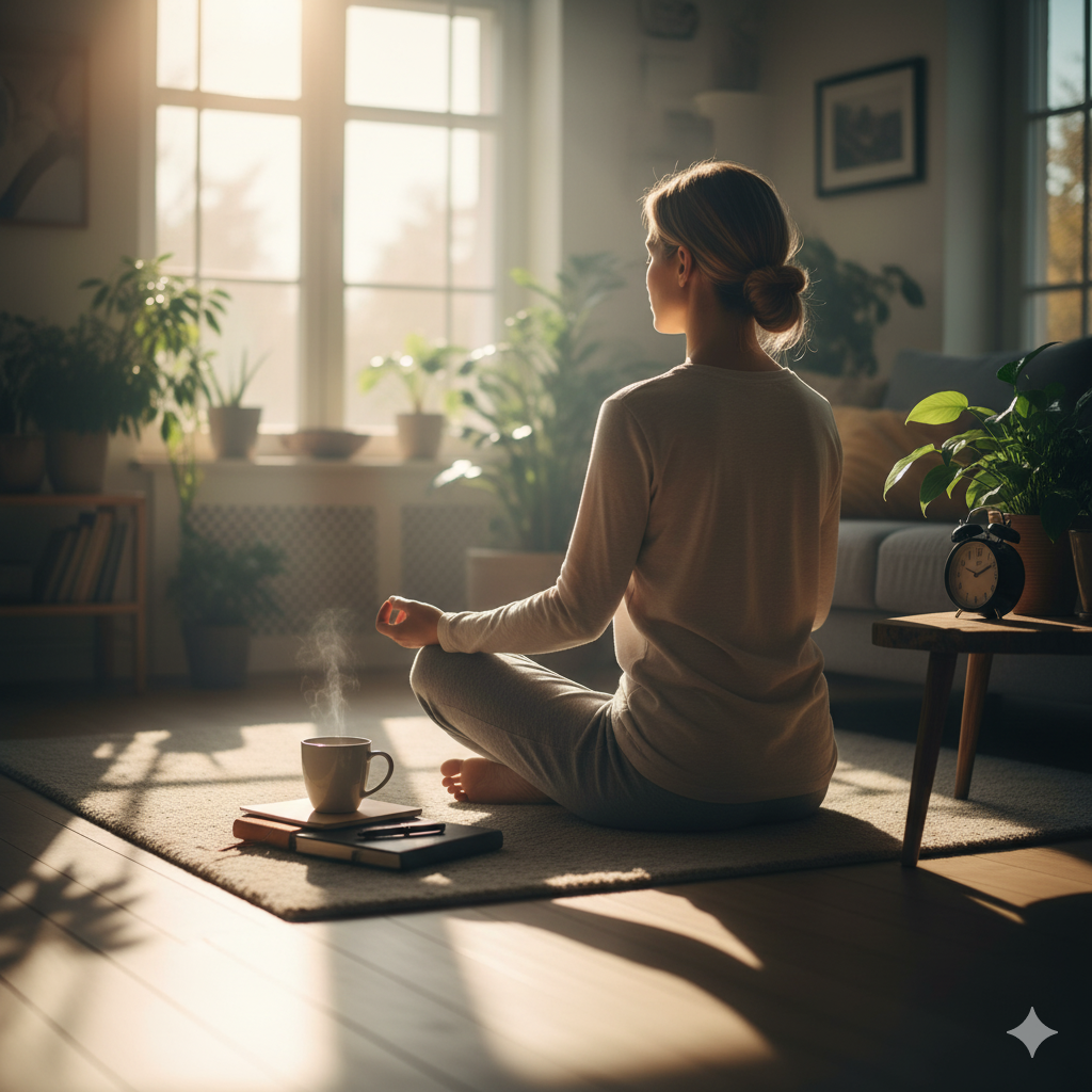 Tech-Free Morning: 5 Powerful Habits for a Productive, Stress-Free Day A cozy, well-lit image of a classic analog alarm clock sitting on a bedside table next to a glass of water and an open notebook with a pen. Sunlight streams through a window in the background. The scene suggests a peaceful, tech-free morning routine focused on hydration, mindfulness, and boosting productivity without digital distractions.