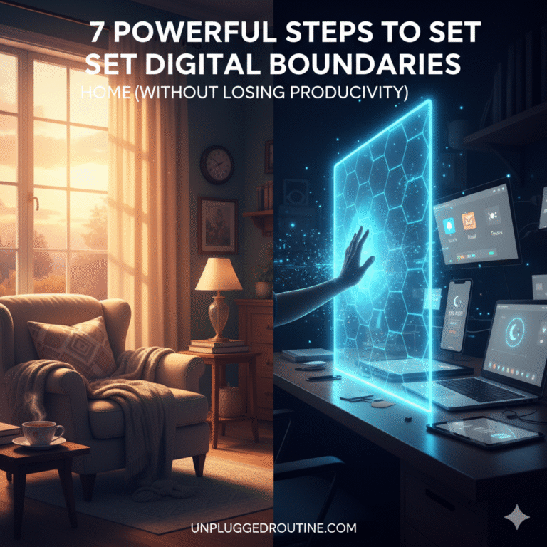 7 Powerful Steps to Set Digital Boundaries When You Work From Home without losing productivity. Split image shows a cozy, unplugged living room on one side and a controlled, focused digital workspace on the other.