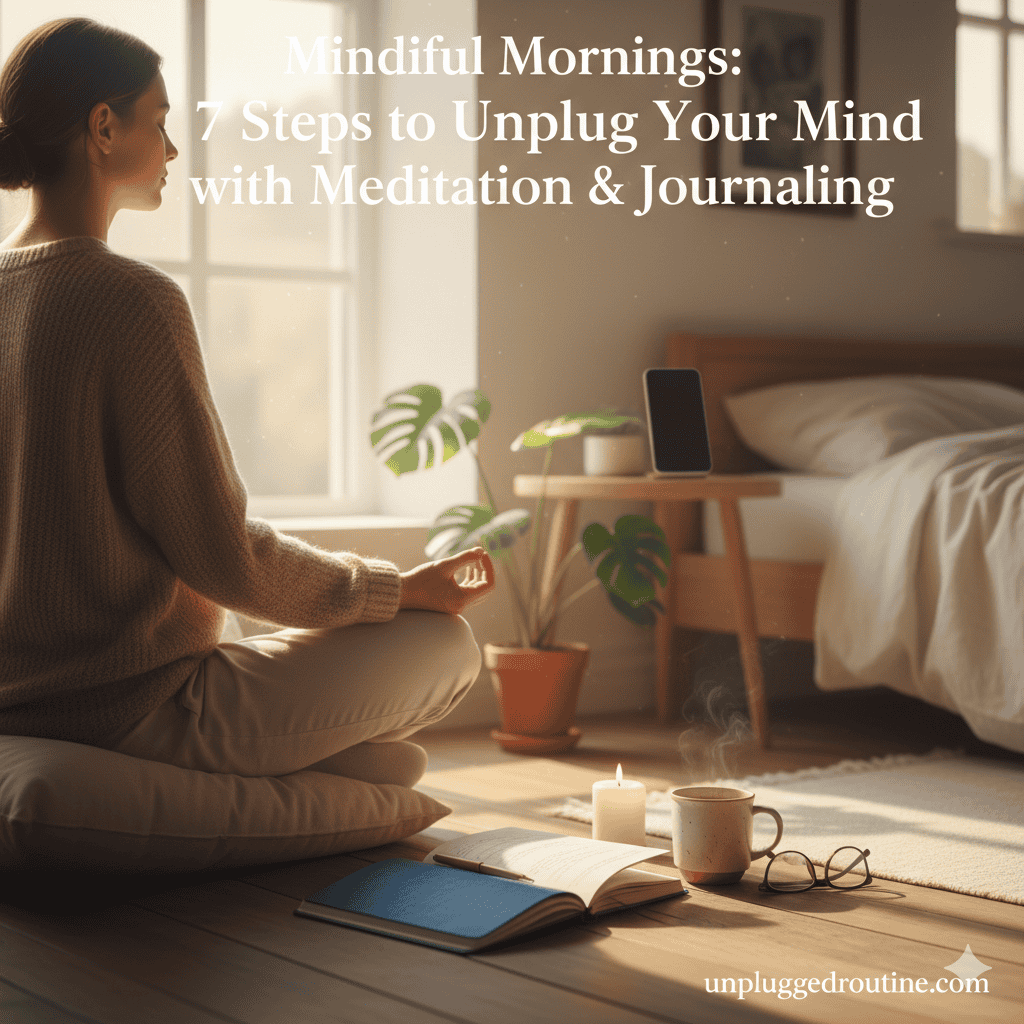 Mindful Mornings: 7 Steps to Unplug Your Mind with Meditation & Journaling A tranquil scene of a woman meditating in a sunlit room, with a journal, candle, and mug nearby. Her phone is placed face down on a bedside table, illustrating a mindful morning and unplugged routine.