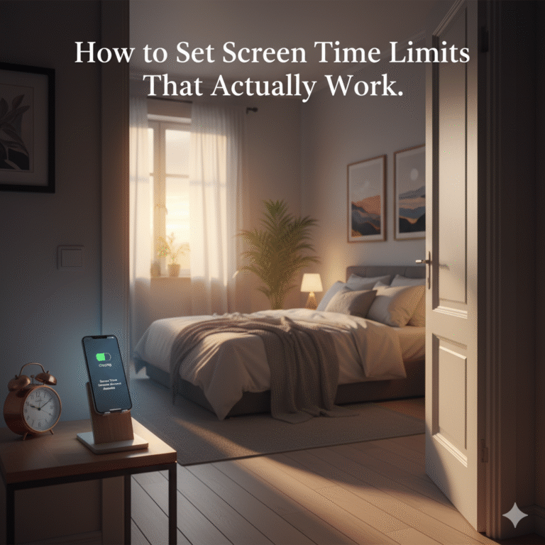 Smartphone charging outside a serene bedroom with a visible screen time message, illustrating how to set screen time limits that actually work.