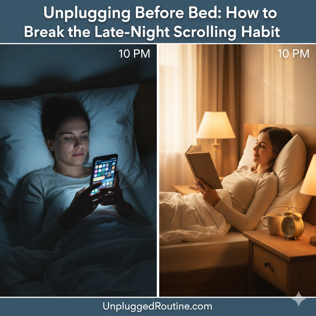 Cozy bedroom scene for digital detox. Features a rattan chair, open book, and steaming mug near a window. A neon phone with an 'X' emphasizes the topic: Unplugging Before Bed.