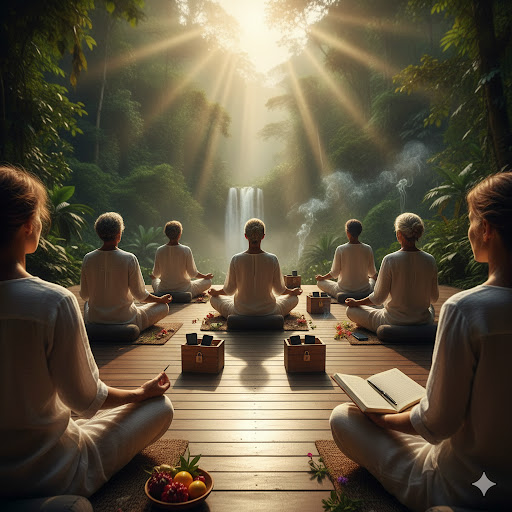 A serene image of a mountainous landscape at dawn, with a figure meditating outdoors. The scene suggests peace, nature, and deep relaxation, symbolizing the goal of a digital detox retreat for complete burnout recovery and mental renewal.
