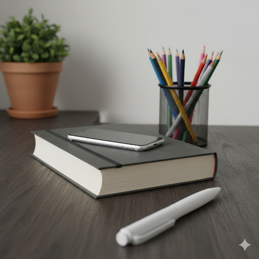 10 Essential Low-Tech Tools for a Digital Detox: Reclaim Your Focus! A grayscale close-up shot of a thick, dark notebook or planner resting on a light brown wooden desk. A white smartphone is lying on top of the notebook. To the right, a black mesh holder is filled with various colored pencils and crayons. A single white pen is positioned diagonally in the foreground. A small potted plant with green leaves is visible in the background on the left, adding a natural element to the organized, analog work setting. The image highlights the contrast between low-tech and digital tools.