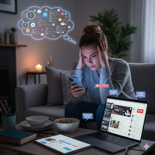 "Woman on couch looking stressed by digital overload, surrounded by glowing screens, her phone, laptop, and tablet, with social media icons and 'FOMO ALERT' bubbles floating around her."